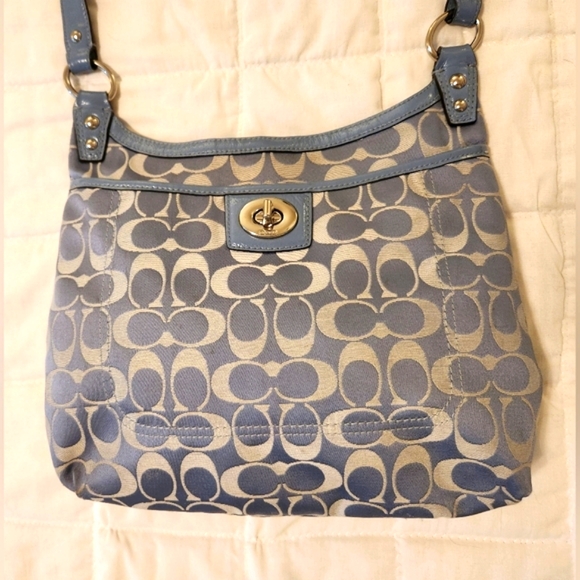 Coach Penelope Canvas Sateen Patent Leather Crossbody Purse, Blue/Gray - Picture 2 of 16